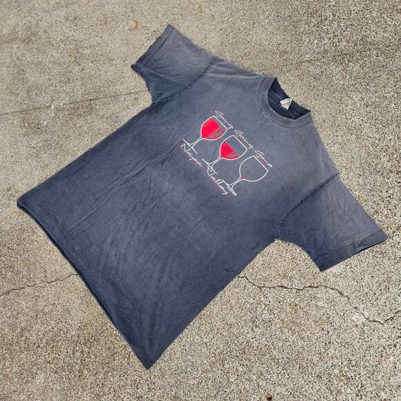 Vtg 90s NAPA VALLEY Going Going Gone Wine Glasses Sunfaded Tee Shirt L USA Made - Picture 2 of 6